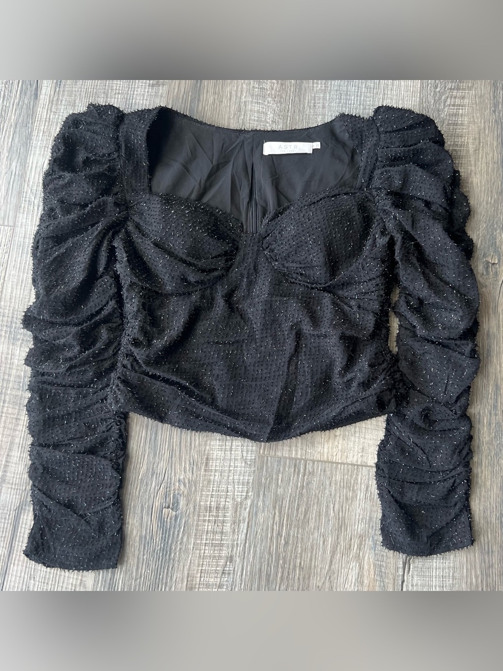 Astr Black Ruched Puff-Sleeve Cropped Bustier Top